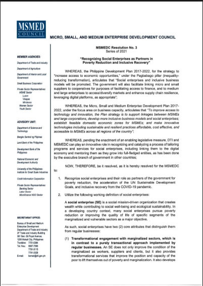 MSMEDC Resolution No. 3, Series 2021 - “Recognizing Social Enterprises as Partners in Poverty Reduction and Inclusive Recovery”